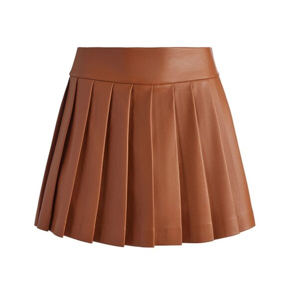 Alice + Olivia Pura Vegan Leather Pleated Skort Camel Brown 12 - Picture 1 of 6